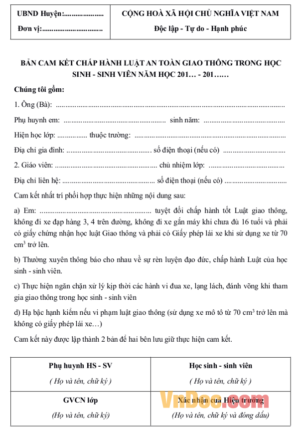 Mẫu cam kết chấp hành đúng luật an toàn giao thông 2016 Mẫu cam kết 2016