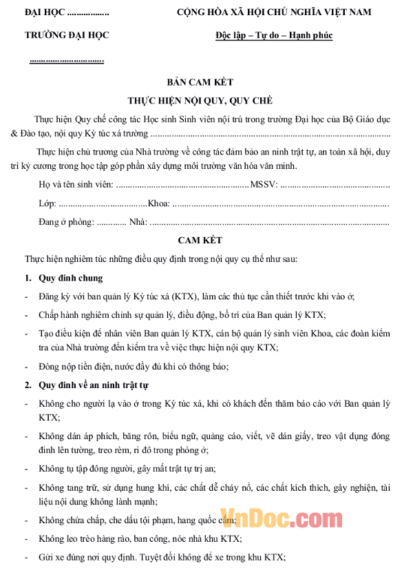 Mẫu cam kết thực hiện nội quy, quy chế cho sinh viên ở KTX Mẫu cam kết thực hiện nội quy, quy chế cho sinh viên