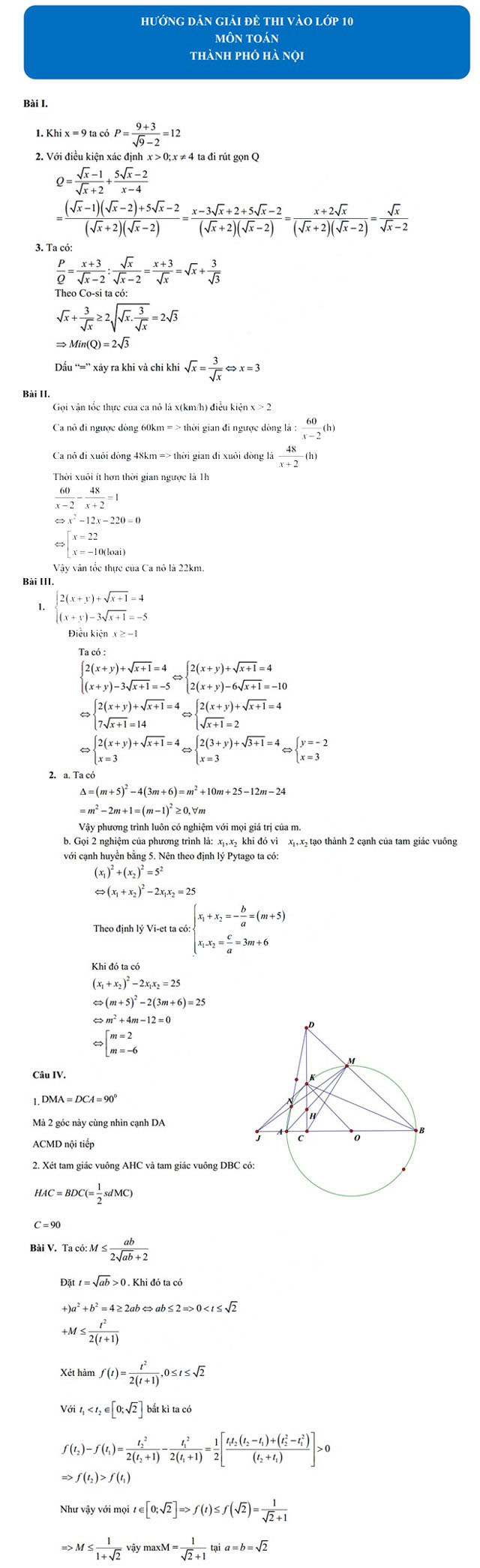 Đáp án đề thi vào lớp 10 môn Toán