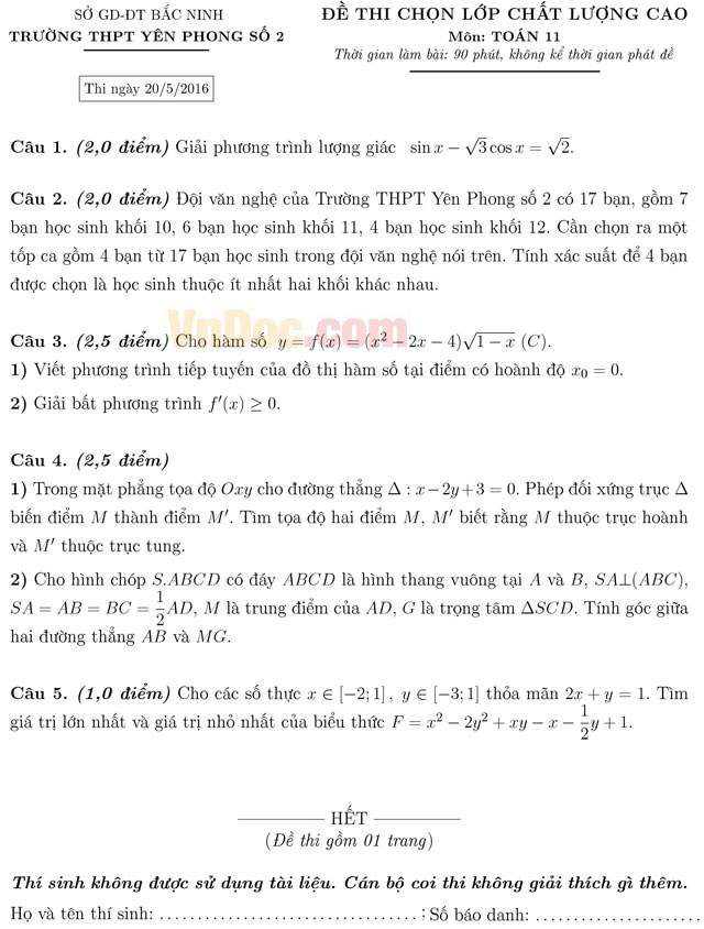 Đề thi chọn lớp chất lượng cao môn Toán lớp 11 năm 2016 trường THPT Yên Phong số 2, Bắc Ninh Đề thi chọn lớp chất lượng cao môn Toán lớp 11 năm 2016 trường THPT Yên Phong số 2, Bắc Ninh