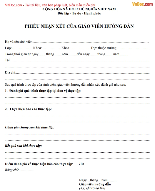 Phiếu nhận xét của giáo viên hướng dẫn 