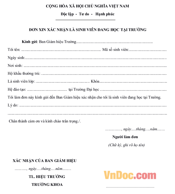 Đơn xin xác nhận là sinh viên đang học tại trường