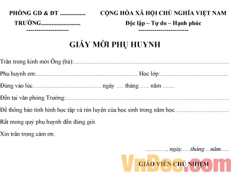 Mẫu giấy mời họp phụ huynh