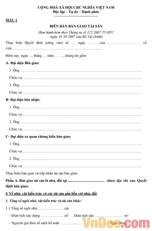 Biên bản bàn giao tài sản