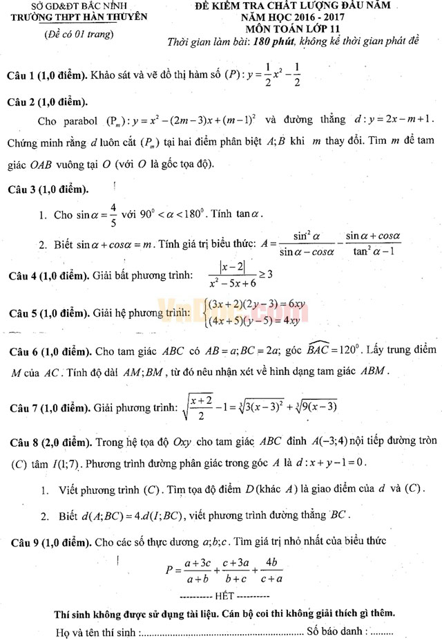 Đề thi khảo sát chất lượng đầu năm môn Toán lớp 11 trường THPT Hàn Thuyên, Bắc Ninh năm học 2016 - 2017 Đề thi khảo sát chất lượng đầu năm môn Toán lớp 11 trường THPT Hàn Thuyên, Bắc Ninh năm học 2016 - 2017