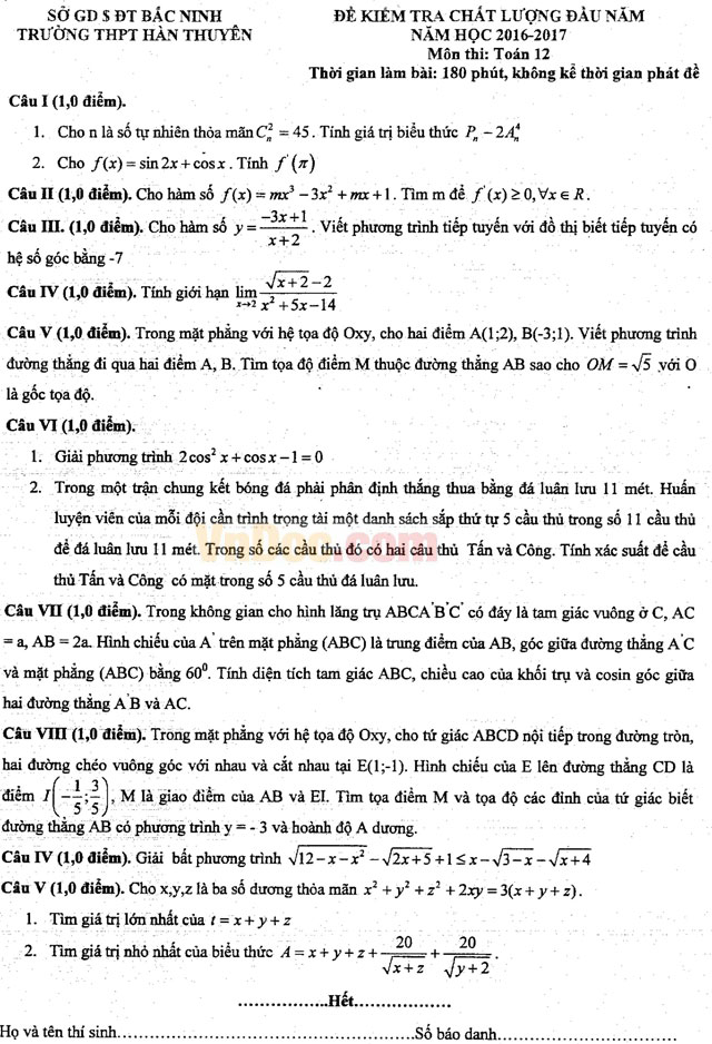 Đề thi khảo sát chất lượng đầu năm môn Toán lớp 12 trường THPT Hàn Thuyên, Bắc Ninh năm học 2016 - 2017