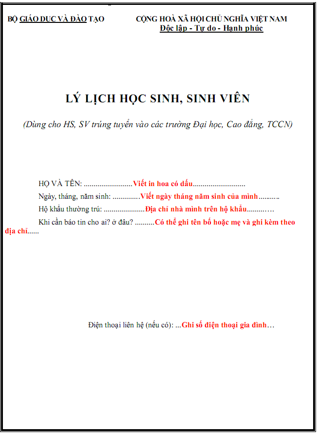 Hướng dẫn điền sơ yếu lý lịch hoc sinh, sinh viên