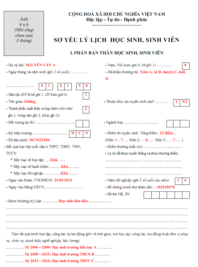 Hướng dẫn điền sơ yếu lý lịch hoc sinh, sinh viên