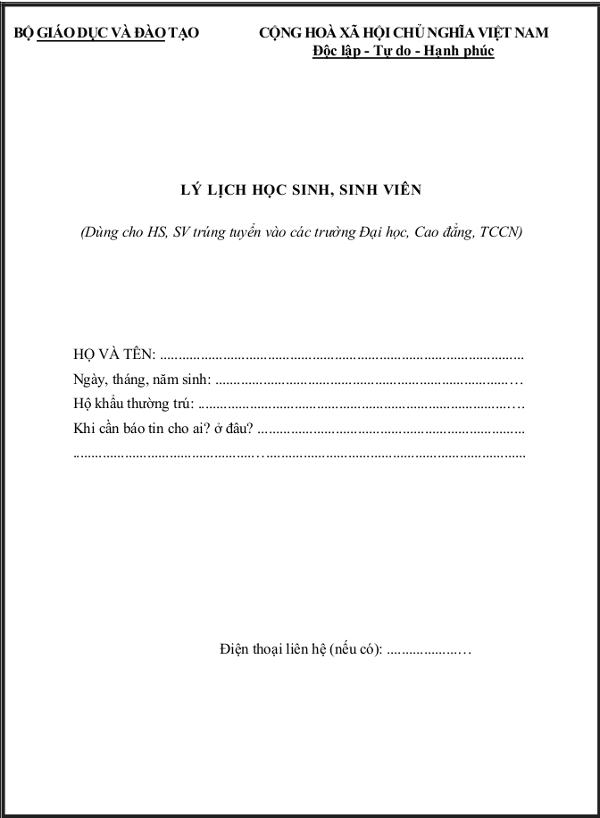 Mẫu sơ yếu lý lịch học sinh, sinh viên 2016 Mẫu sơ yếu lý lịch học sinh và sinh viên