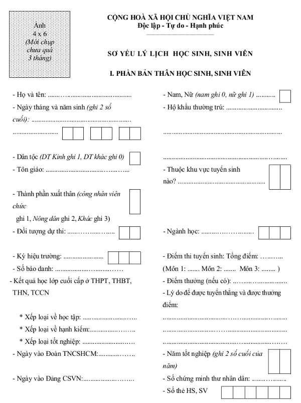 Mẫu sơ yếu lý lịch học sinh, sinh viên năm 2016 Mẫu đơn sơ yếu lý lịch học sinh, sinh viên