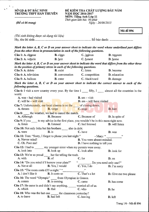 Đề kiểm tra chất lượng đầu năm môn Tiếng Anh lớp 11