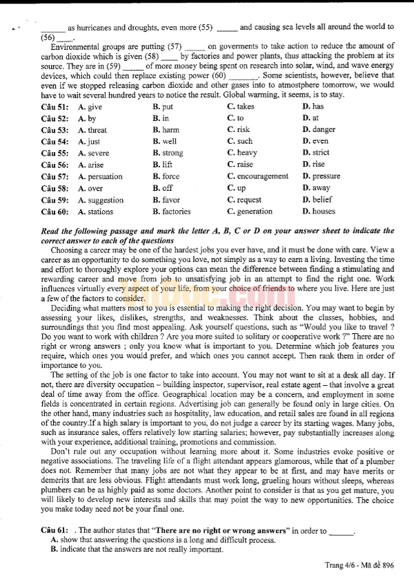 Đề khảo sát chất lượng đầu năm môn Anh lớp 11