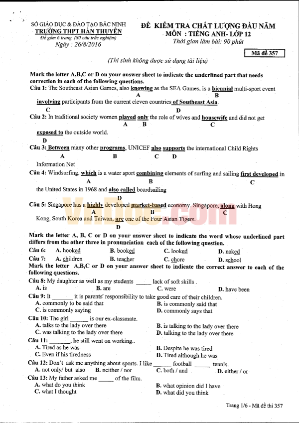 Đề thi khảo sát chất lượng đầu năm môn Tiếng Anh lớp 12 có đáp án Đề thi khảo sát chất lượng đầu năm môn Tiếng Anh lớp 12