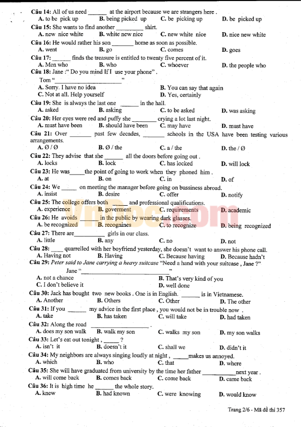 Đề thi khảo sát chất lượng đầu năm môn Tiếng Anh lớp 12 Đề thi khảo sát chất lượng đầu năm môn Tiếng Anh lớp 12 có đáp án