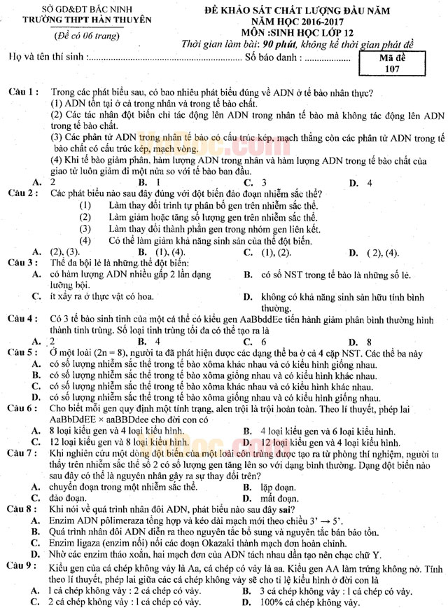 Đề thi khảo sát chất lượng đầu năm môn Sinh học có đáp án
