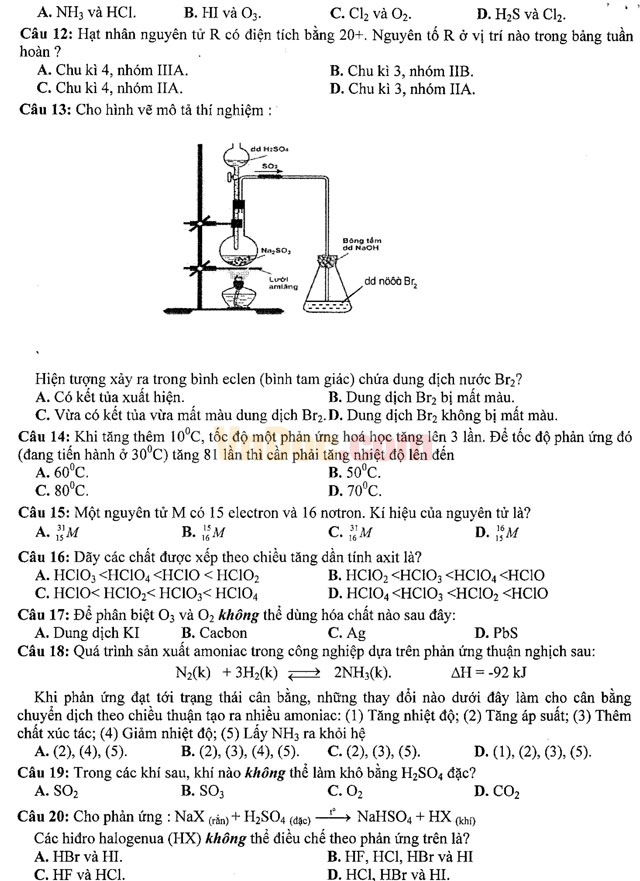 Đề thi khảo sát chất lượng đầu năm môn Hóa học lớp 11 có đáp án