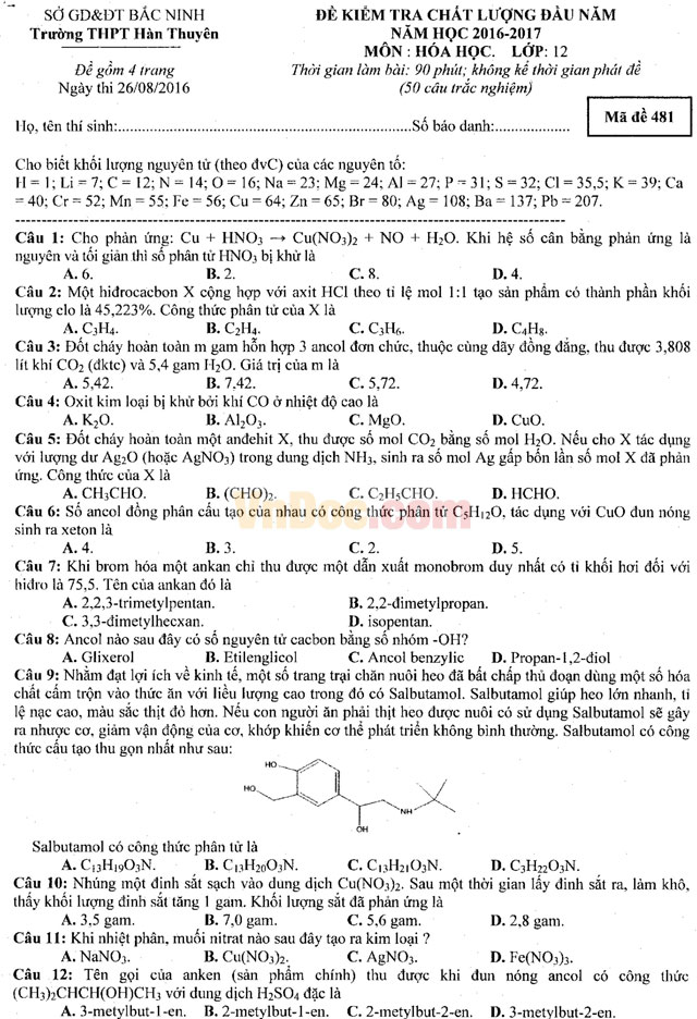 Đề thi khảo sát chất lượng đầu năm môn Hóa học lớp 12 trường THPT Hàn Thuyên, Bắc Ninh năm học 2016 - 2017 Đề thi khảo sát chất lượng đầu năm môn Hóa học lớp 12 có đáp án