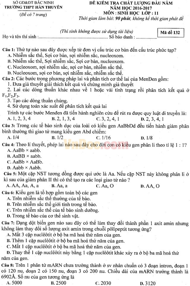 Đề thi khảo sát chất lượng đầu năm môn Sinh học lớp 11 trường THPT Hàn Thuyên, Bắc Ninh năm học 2016 - 2017 Đề thi khảo sát chất lượng đầu năm môn Sinh học lớp 11 có đáp án