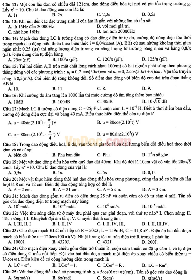 Đề thi khảo sát chất lượng đầu năm môn Vật lý lớp 12 trường THPT Hàn Thuyên, Bắc Ninh năm học 2016 - 2017 Đề thi khảo sát chất lượng đầu năm môn Vật lý lớp 12 có đáp án