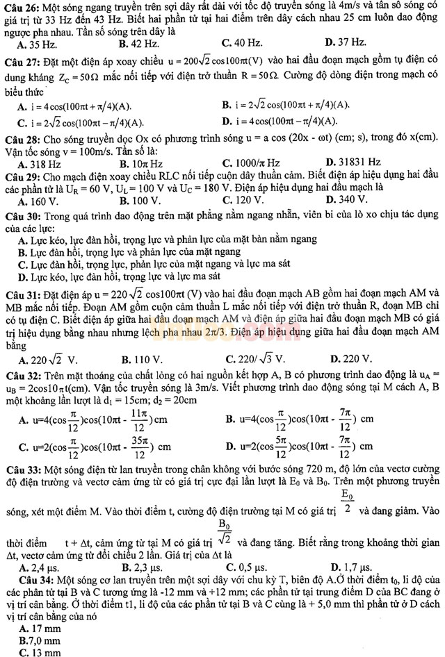 Đề thi khảo sát chất lượng đầu năm môn Vật lý lớp 12 trường THPT Hàn Thuyên, Bắc Ninh năm học 2016 - 2017 Đề thi khảo sát chất lượng đầu năm môn Vật lý lớp 12 có đáp án