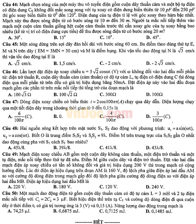Đề thi khảo sát chất lượng đầu năm môn Vật lý lớp 12 trường THPT Hàn Thuyên, Bắc Ninh năm học 2016 - 2017 Đề thi khảo sát chất lượng đầu năm môn Vật lý lớp 12 có đáp án