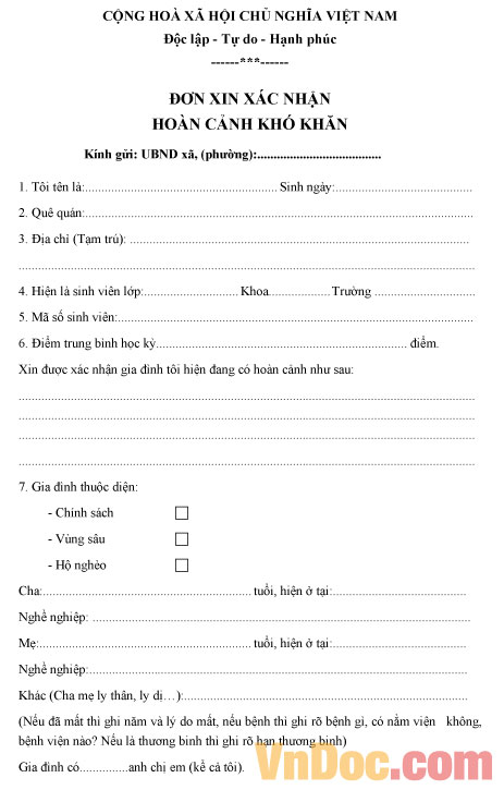 Biểu mẫu xác nhận hoàn cảnh khó khăn Mẫu đơn xin xác nhận hoàn cảnh khó khăn
