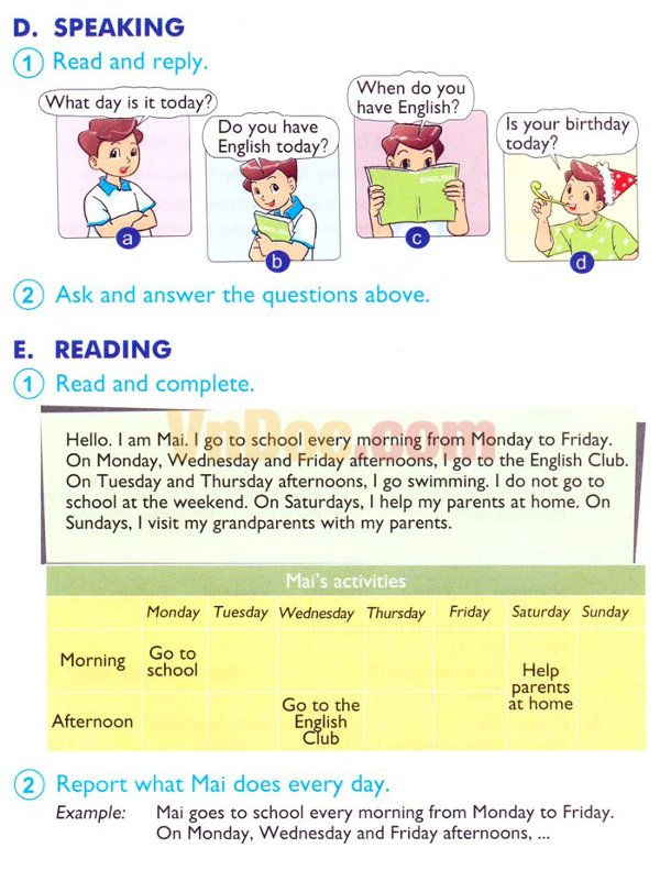 Bài tập tiếng Anh lớp 4 Unit 3 What Day Is It Today?