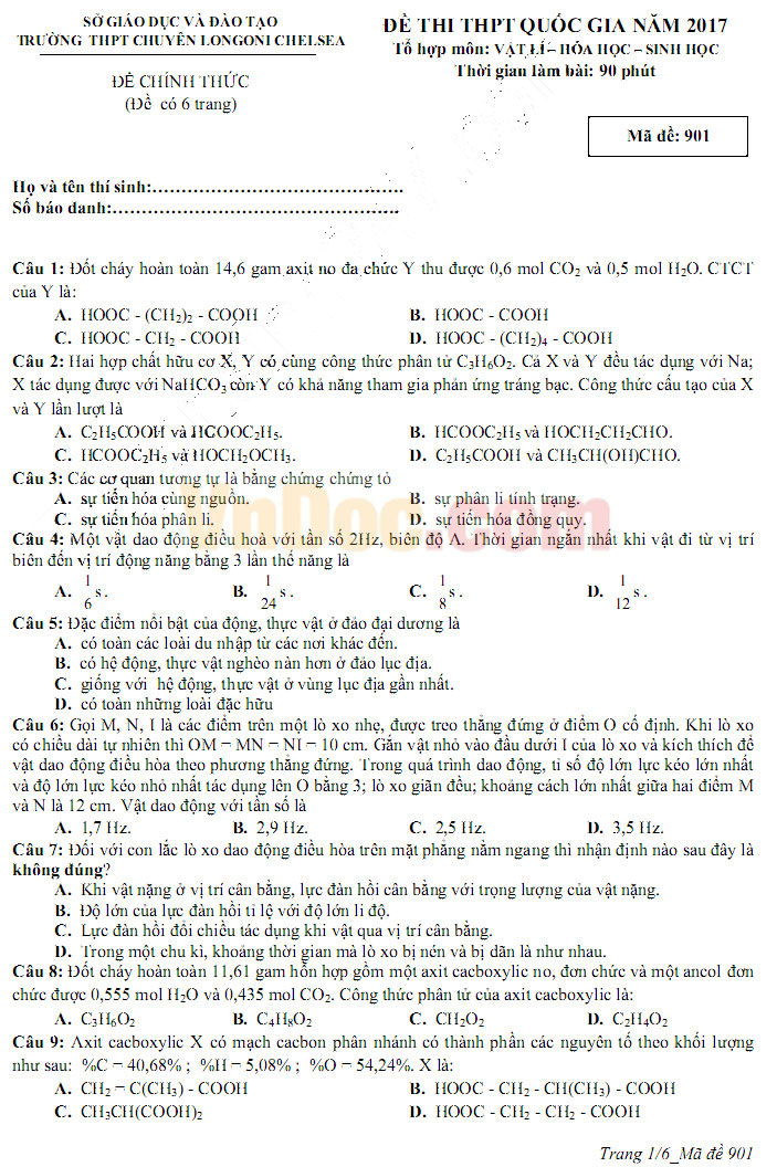 Đề thi thử THPT Quốc gia năm 2017 bài thi Khoa học tự nhiên trường THPT chuyên Longoni Chelsea Đề thi thử THPT Quốc gia năm 2017 bài thi Khoa học tự nhiên trường THPT chuyên Longoni Chelsea