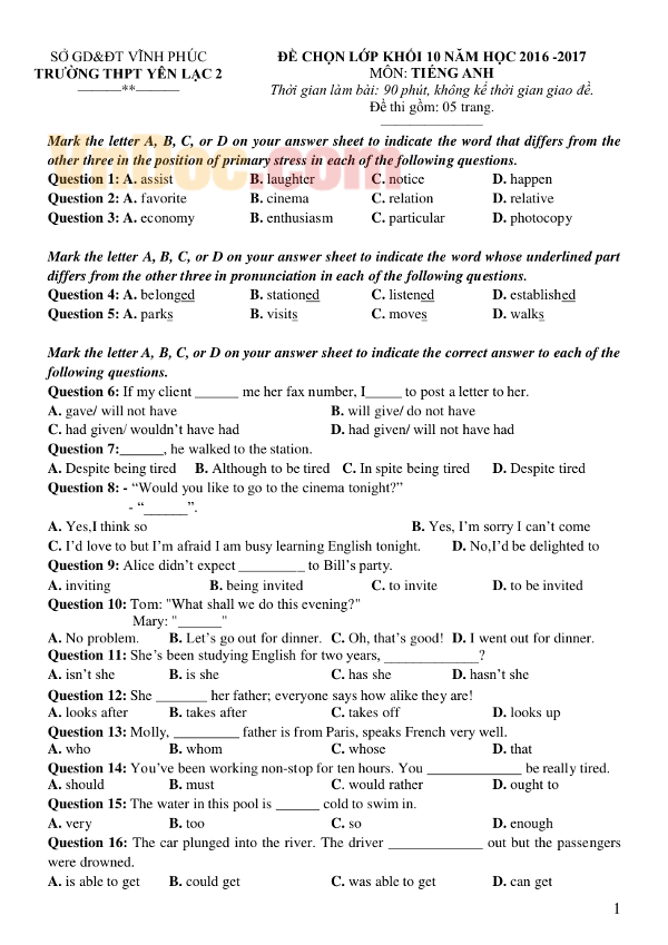 Đề thi chọn lớp khối 10
