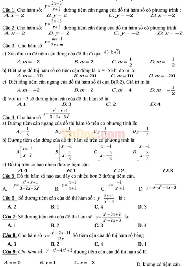 Trắc nghiệm môn Toán: Tiệm cận hàm số - Tiếp tuyến của đồ thị hàm số Trắc nghiệm môn Toán: Tiệm cận hàm số - Tiếp tuyến của đồ thị hàm số