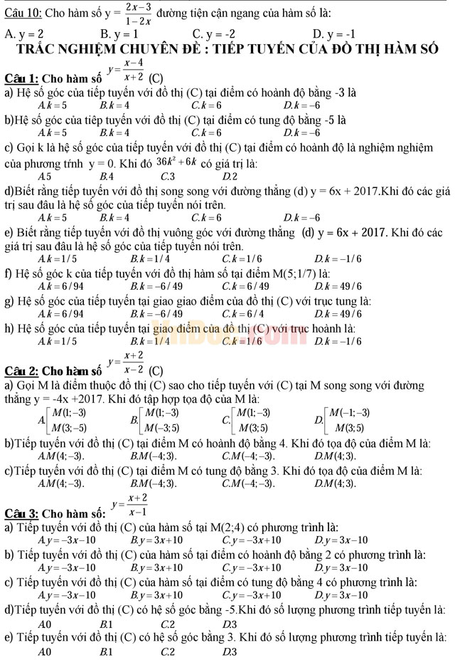 Trắc nghiệm môn Toán: Tiệm cận hàm số - Tiếp tuyến của đồ thị hàm số Trắc nghiệm môn Toán: Tiệm cận hàm số - Tiếp tuyến của đồ thị hàm số