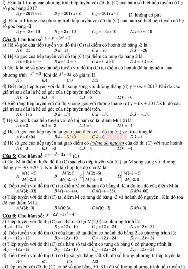 Trắc nghiệm môn Toán: Tiệm cận hàm số - Tiếp tuyến của đồ thị hàm số Trắc nghiệm môn Toán: Tiệm cận hàm số - Tiếp tuyến của đồ thị hàm số