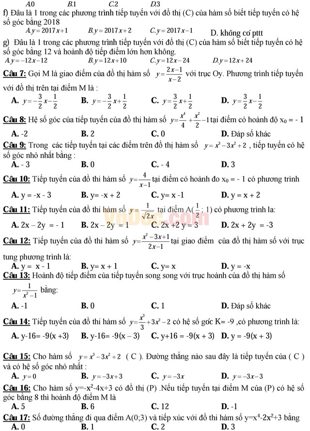 Trắc nghiệm môn Toán: Tiệm cận hàm số - Tiếp tuyến của đồ thị hàm số Trắc nghiệm môn Toán: Tiệm cận hàm số - Tiếp tuyến của đồ thị hàm số