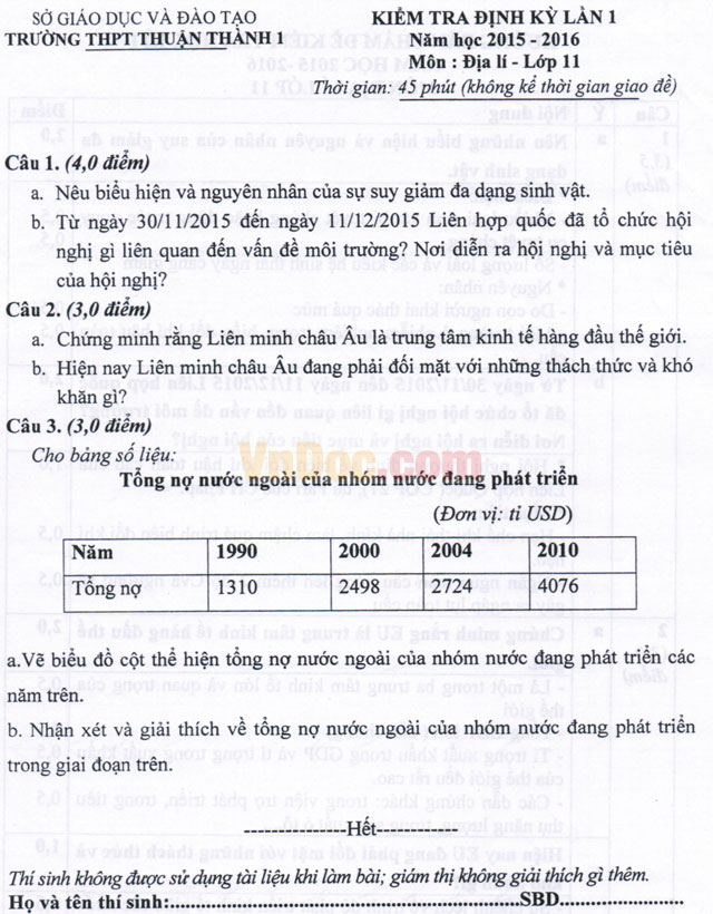 Đề thi học kì 1 môn Địa lý lớp 11 có đáp án