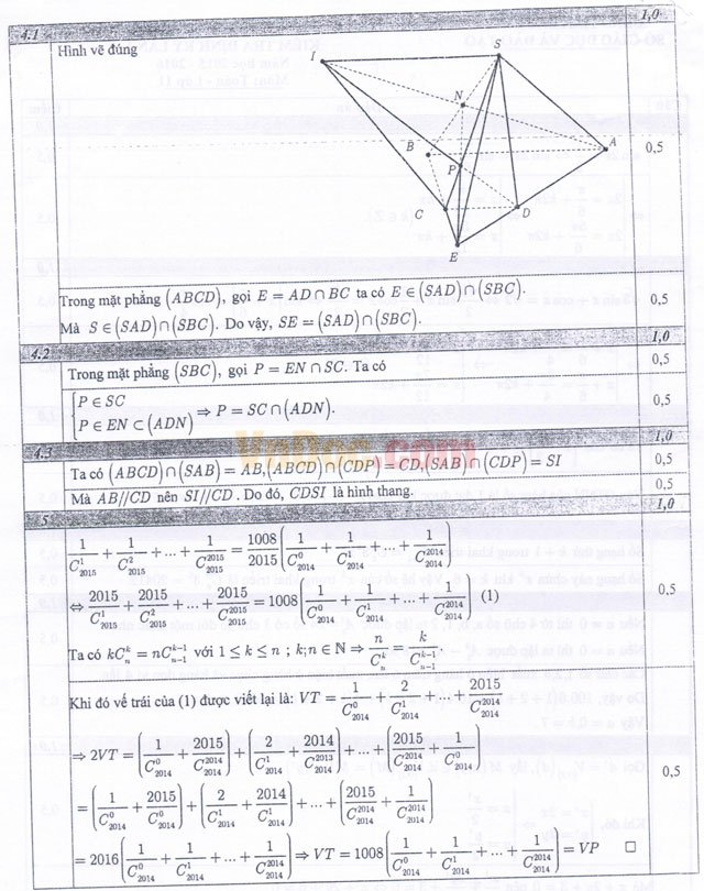 Đề thi học kì 1 môn Toán lớp 11 có đáp án