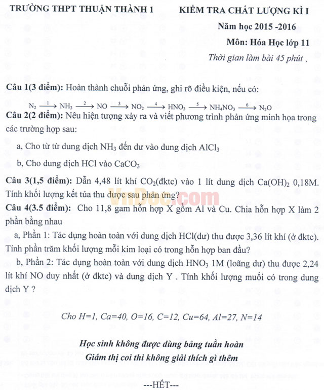 Đề thi học kì 1 môn Hóa học lớp 11 có đáp án