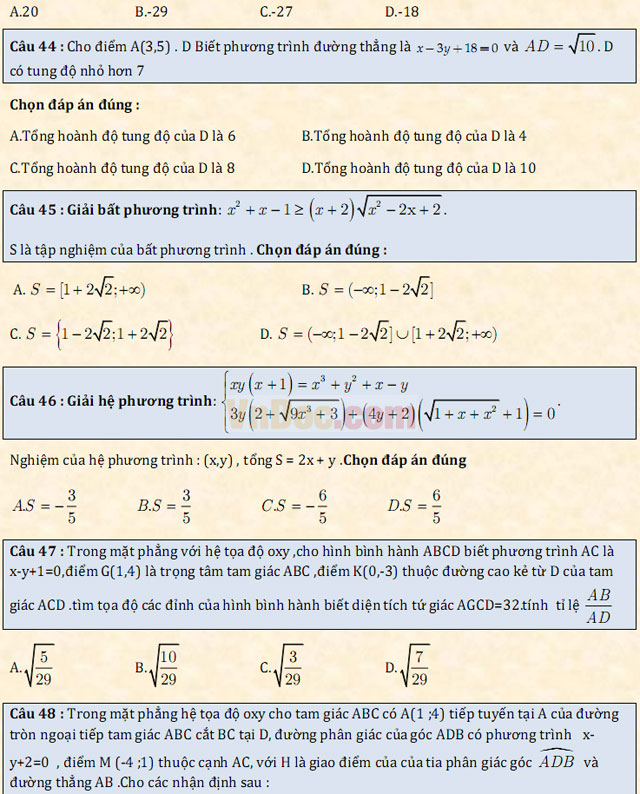 Đề thi thử THPT Quốc gia năm 2017 môn Toán trắc nghiệm - Đề số 1
