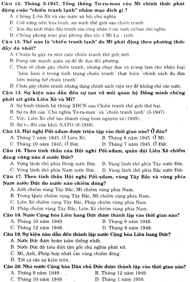 1260 câu hỏi trắc nghiệm Lịch sử lớp 12