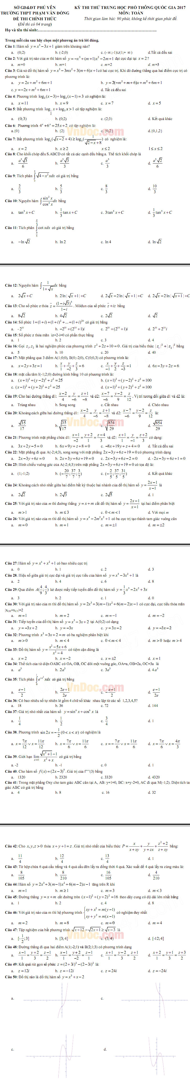 Đề thi thử THPT Quốc gia năm 2017 môn Toán trắc nghiệm trường THPT Phạm Văn Đồng, Phú Yên