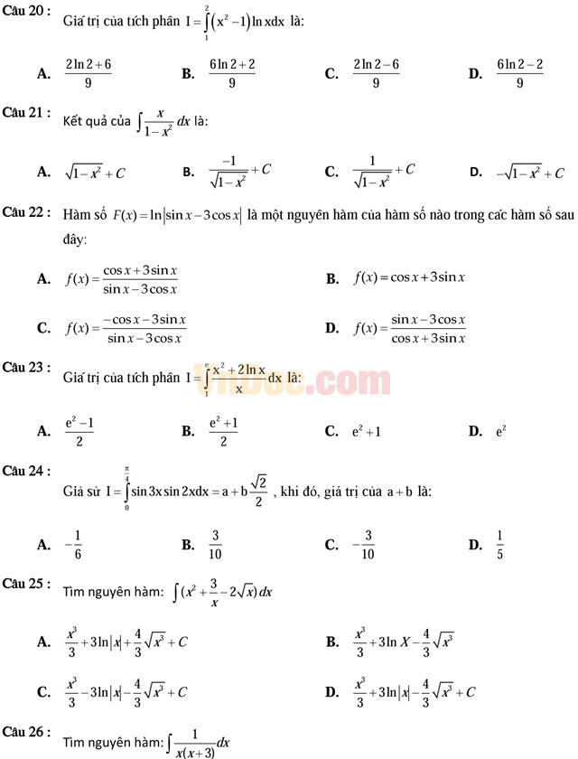 600 câu trắc nghiệm chuyên đề tích phân và ứng dụng