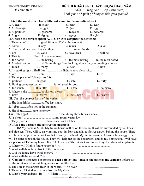 Đề thi khảo sát chất lượng đầu năm môn Tiếng Anh lớp 8 