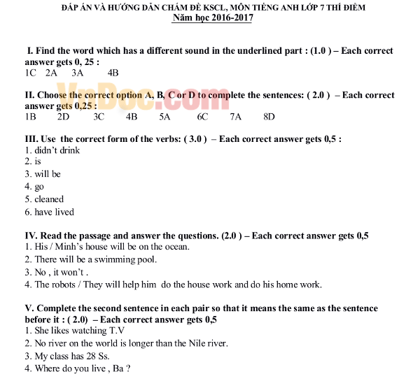 Đề thi KSCL đầu năm môn Tiếng Anh lớp 8