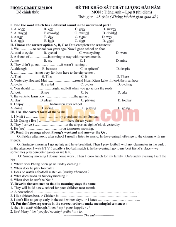 Đề thi KSCL đầu năm môn Tiếng Anh lớp 8 (Có đáp án) 