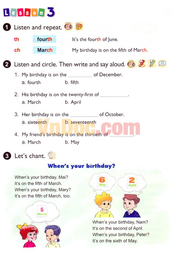 Tiếng Anh trẻ em lớp 4 Unit 4 When's your birthday?