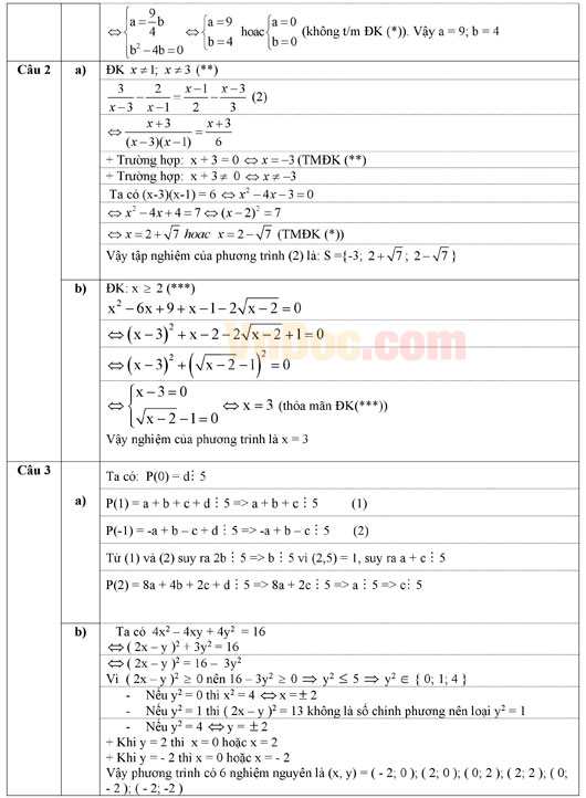 Đáp án đề thi HSG môn Toán lớp 9