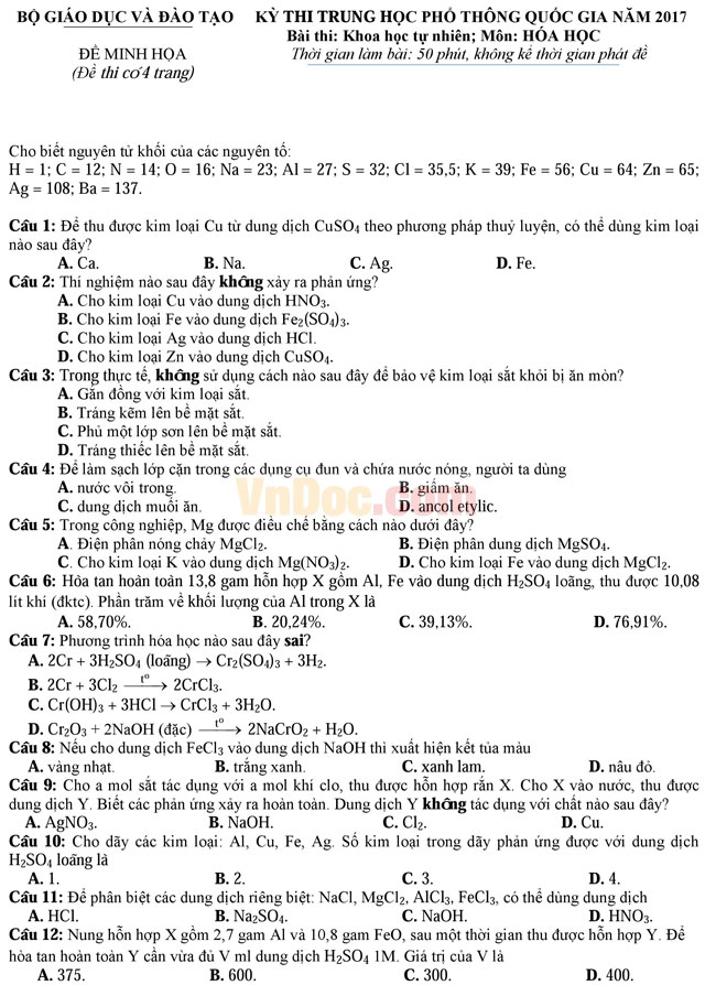 Đề thi minh họa và đáp án kỳ thi THPT Quốc gia năm 2017 môn Hóa