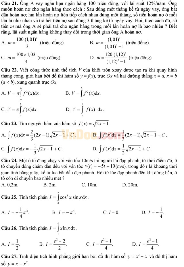Đề thi minh họa và đáp án kỳ thi THPT Quốc gia năm 2017 môn Toán Đề thi minh họa và đáp án kỳ thi THPT Quốc gia năm 2017 môn Toán