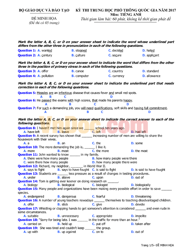 Đề thi minh họa THPT Quốc gia 2017 môn Tiếng Anh