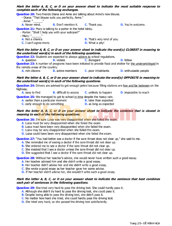 Đề thi minh họa THPT Quốc gia 2017