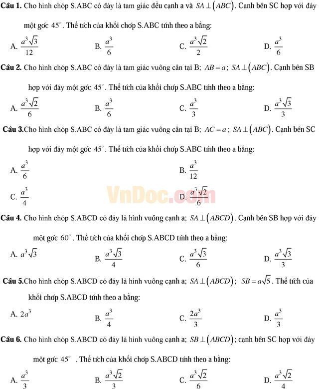 306 bài tập trắc nghiệm hình học không gian lớp 12